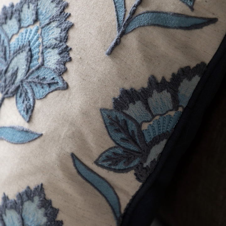 Fleur Embroidered Cushion - Ink Blue