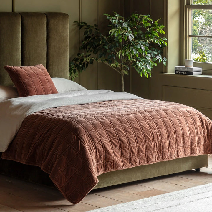 Cotton Velvet Quilted Bedspread - Rust