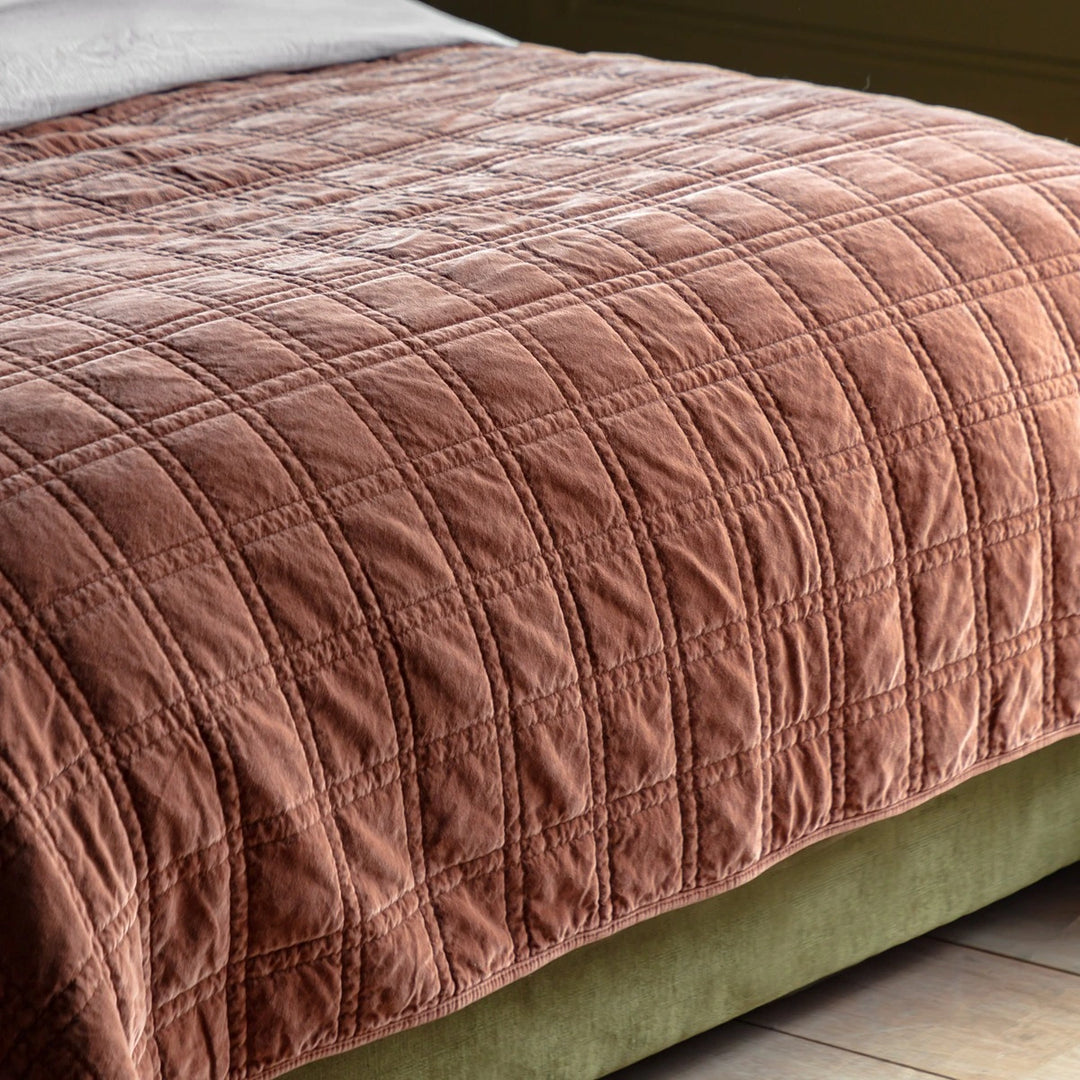 Cotton Velvet Quilted Bedspread - Rust