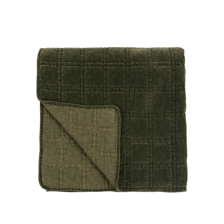 Cotton Velvet Quilted Bedspread - Olive