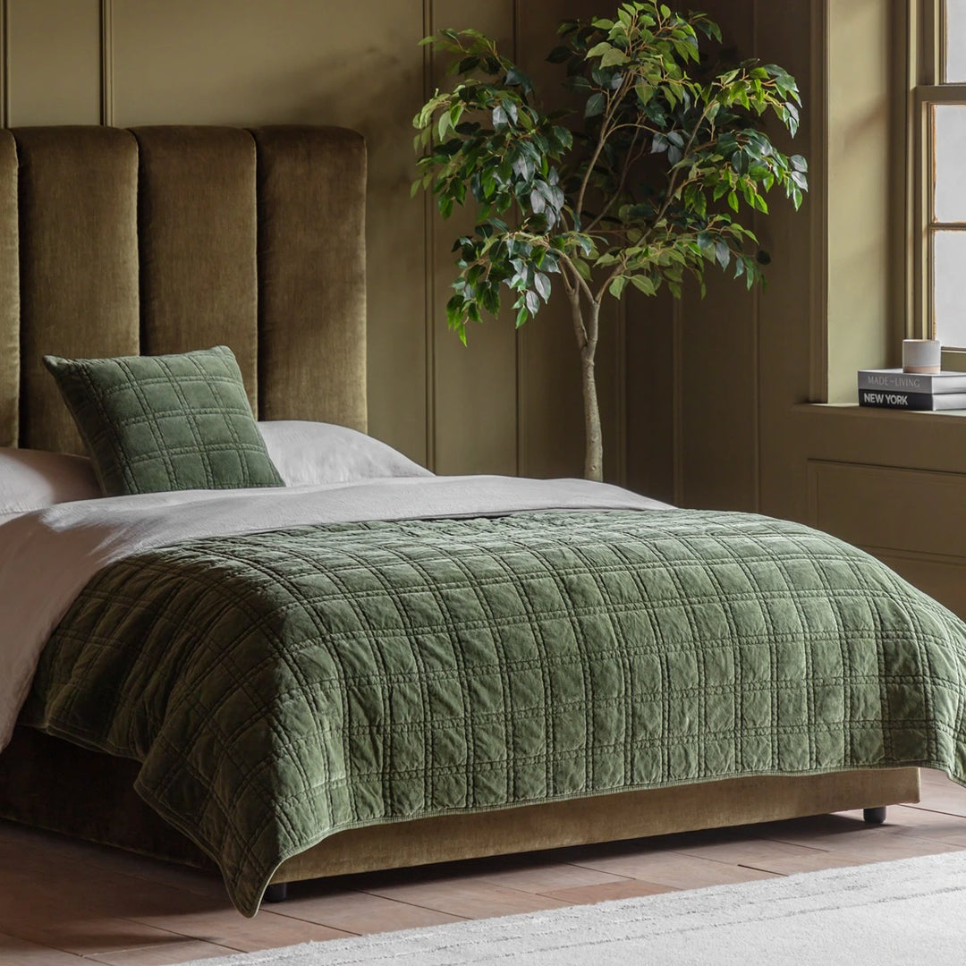 Cotton Velvet Quilted Bedspread - Olive