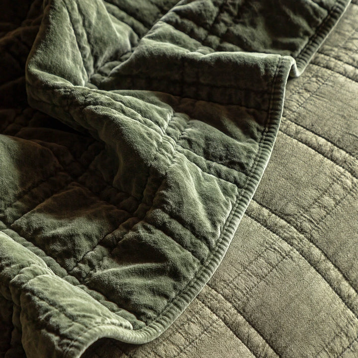 Cotton Velvet Quilted Bedspread - Olive