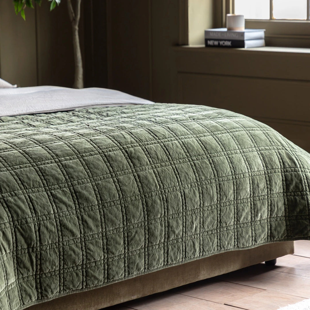 Cotton Velvet Quilted Bedspread - Olive