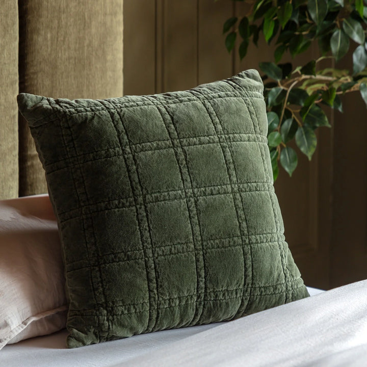 Cotton Velvet Quilted Cushion 50x50cm - Olive