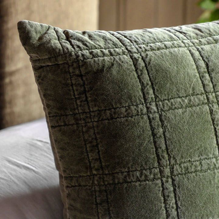 Cotton Velvet Quilted Cushion 50x50cm - Olive