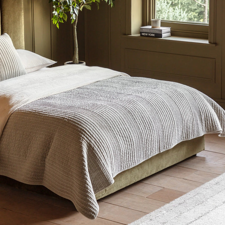 Cotton Velvet Stitched Bedspread - Taupe