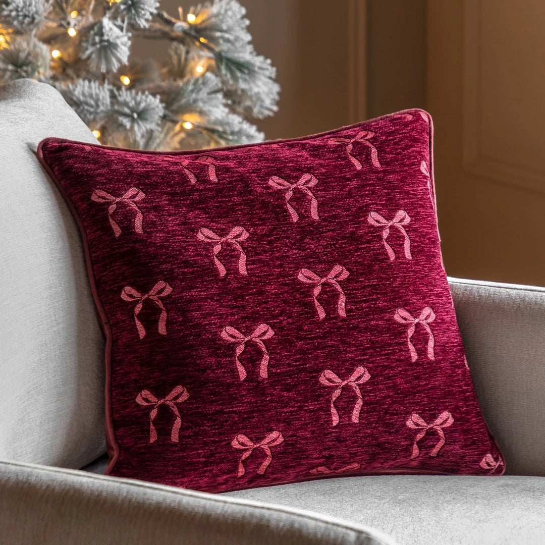 Heritage Bow Chenille Cushion 45x45cm - Merlot