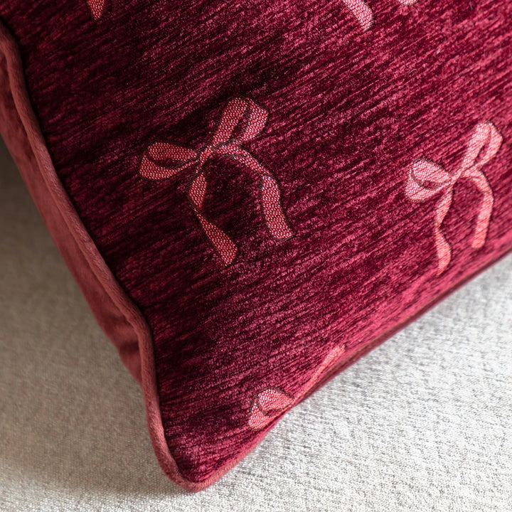 Heritage Bow Chenille Cushion 45x45cm - Merlot