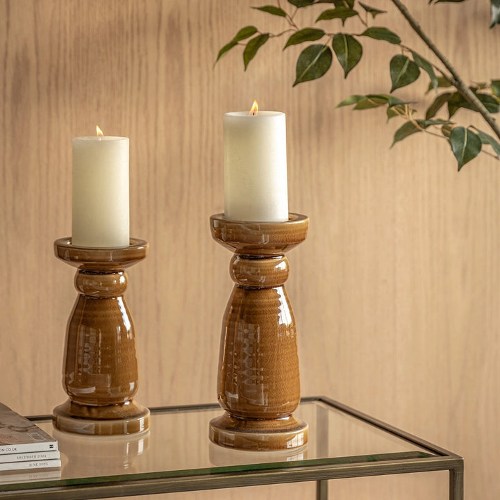 Zelta Crackle Glaze Candlestick - Caramel