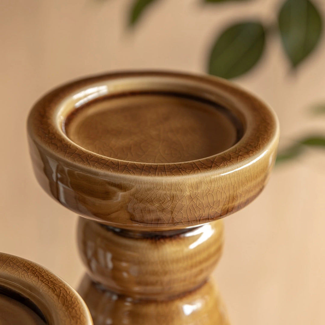 Zelta Crackle Glaze Candlestick - Caramel