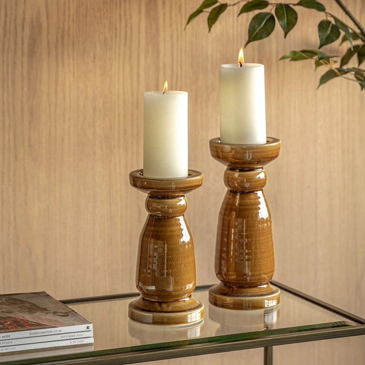 Zelta Crackle Glaze Candlestick - Caramel