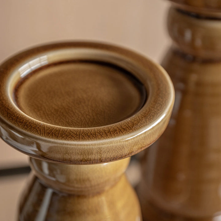 Zelta Crackle Glaze Candlestick - Caramel