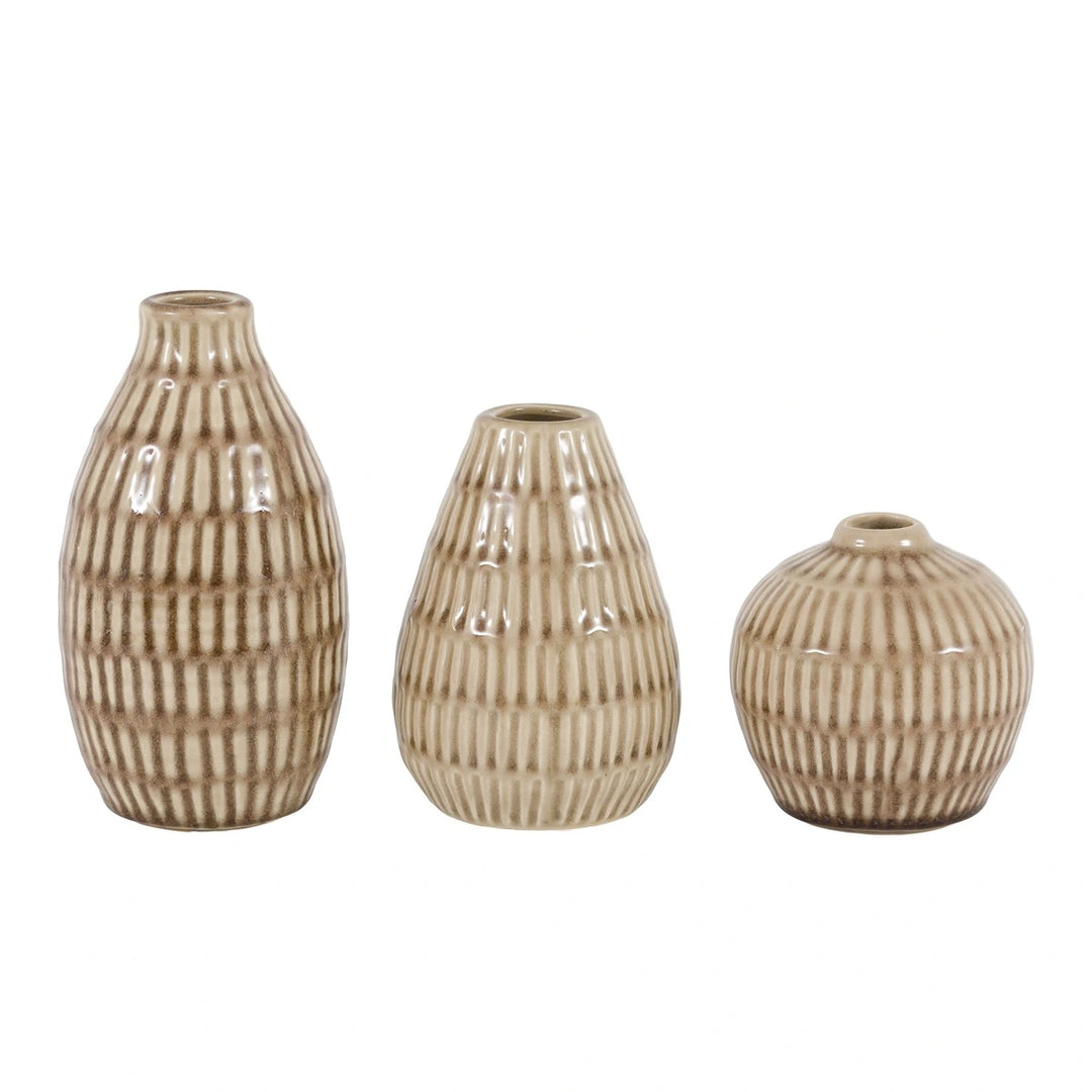 Elia Set of 3 Ceramic Ridged Bud Vases - Natural