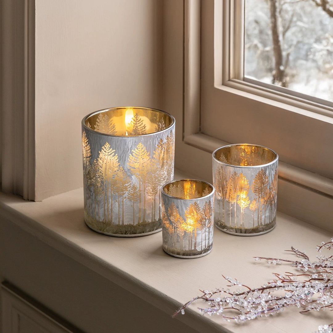 Silver Set of 3 Etched Tree Candle Holder