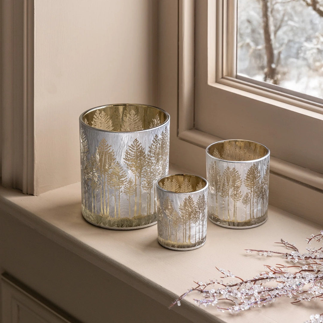 Silver Set of 3 Etched Tree Candle Holder
