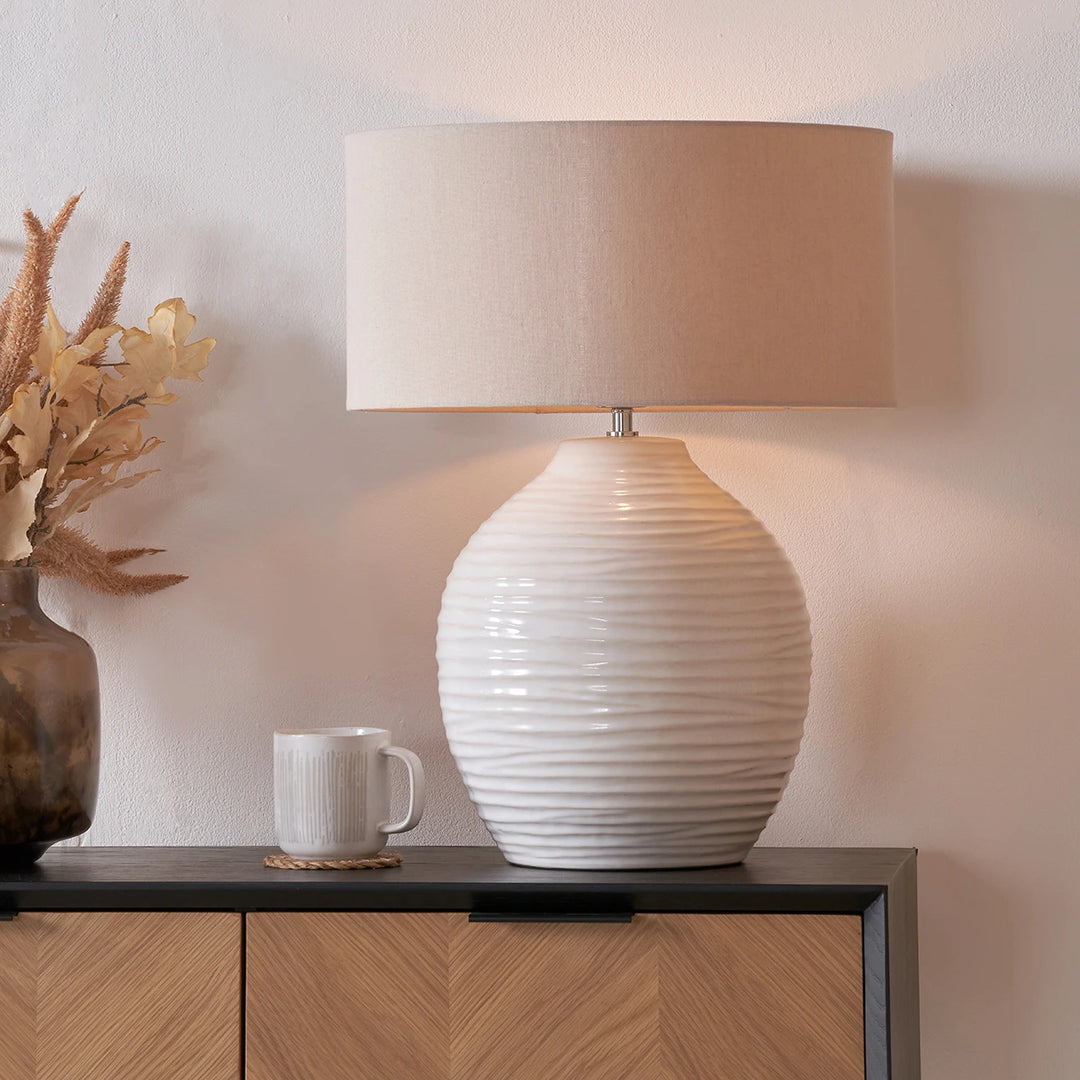 Linnea Grooved Ceramic Table Lamp - White