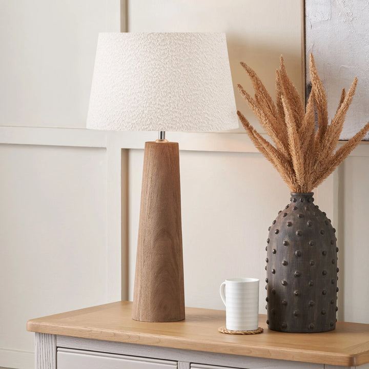 Esha Natural Conical Wood Table Lamp - White Boucle