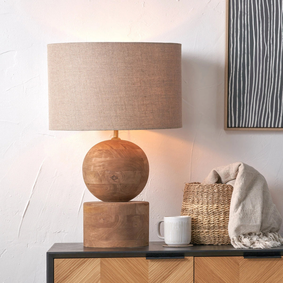 Ziva Antique Brown Round Wood Table Lamp - Natural Linen