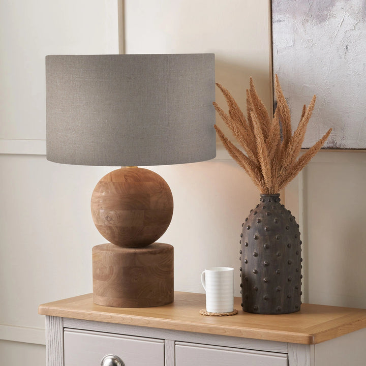 Ziva Antique Brown Round Wood Table Lamp - Natural Linen