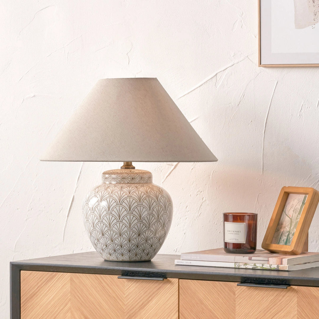 Barbier Art Deco Fan Ceramic Table Lamp - White