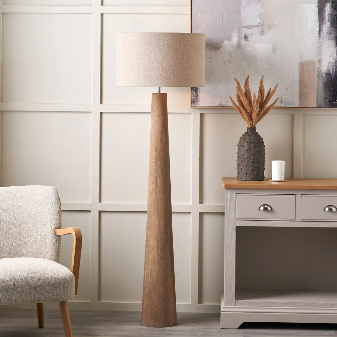 Esha Natural Conical Wood Floor Lamp - Natural Linen