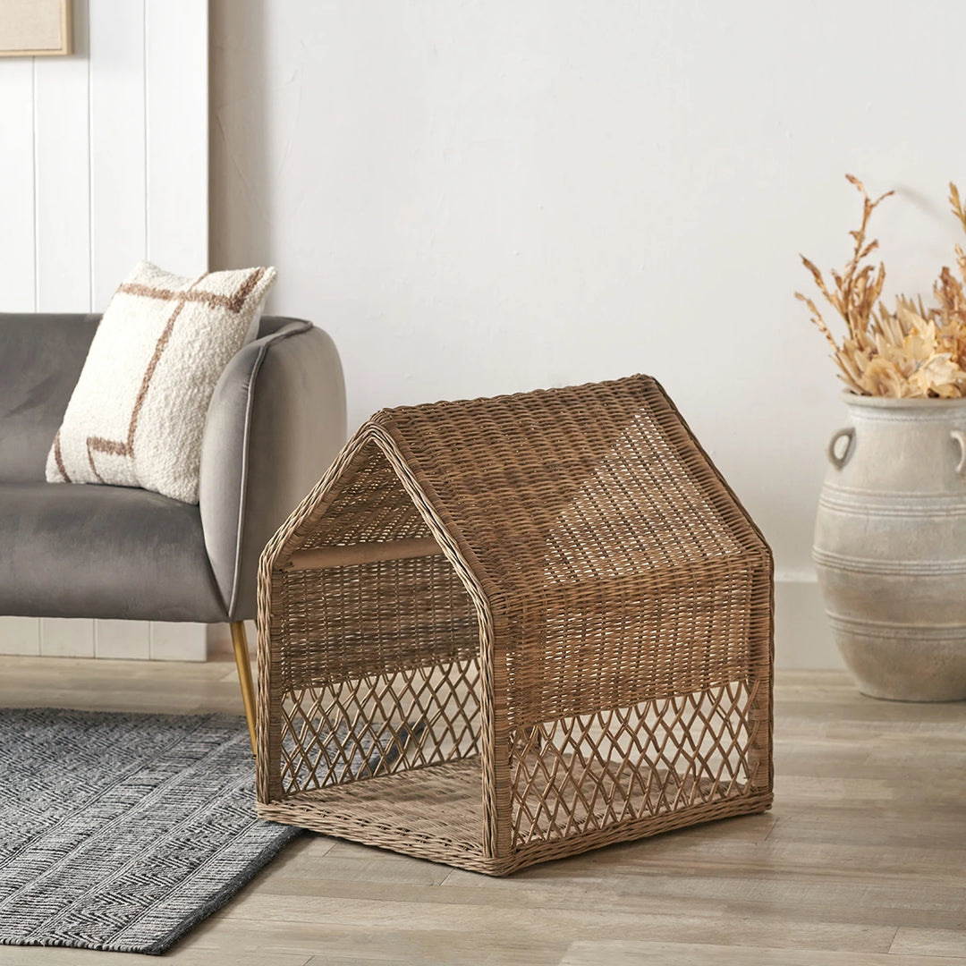 Rattan House Dog Basket - Grey
