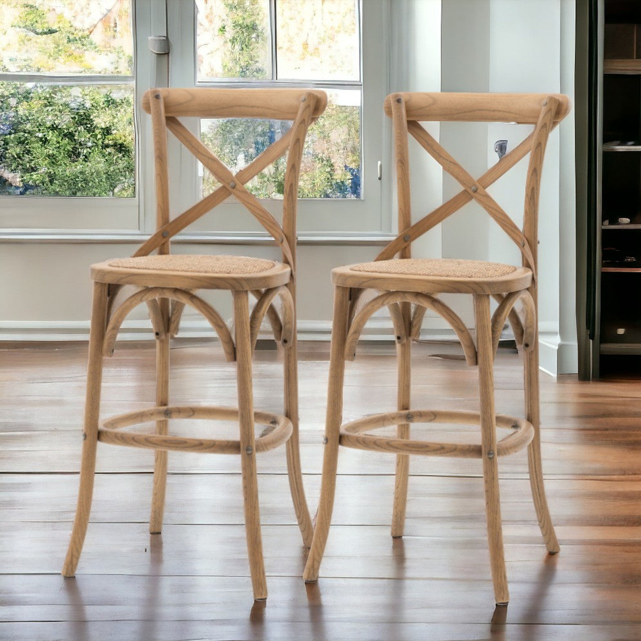 Gallery Interiors Set of 2 Café Bar Stools in Natural & Rattan