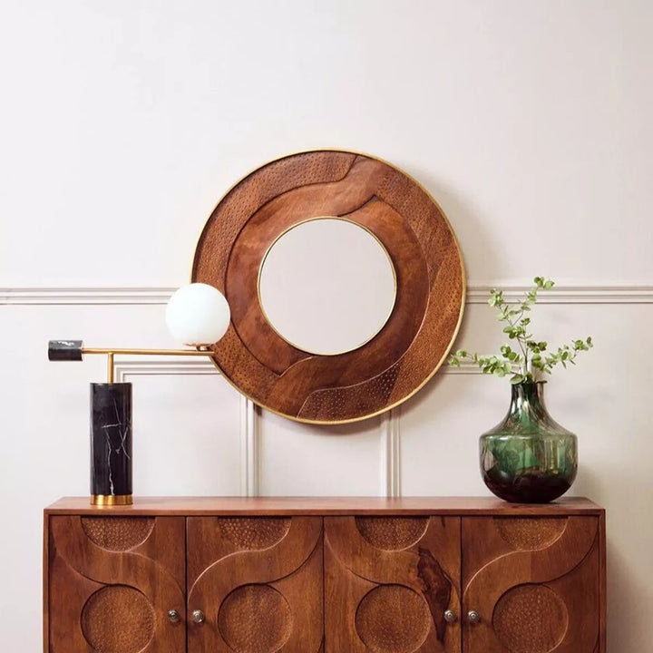 Siva Round Mango Wood Hammered Wall Mirror