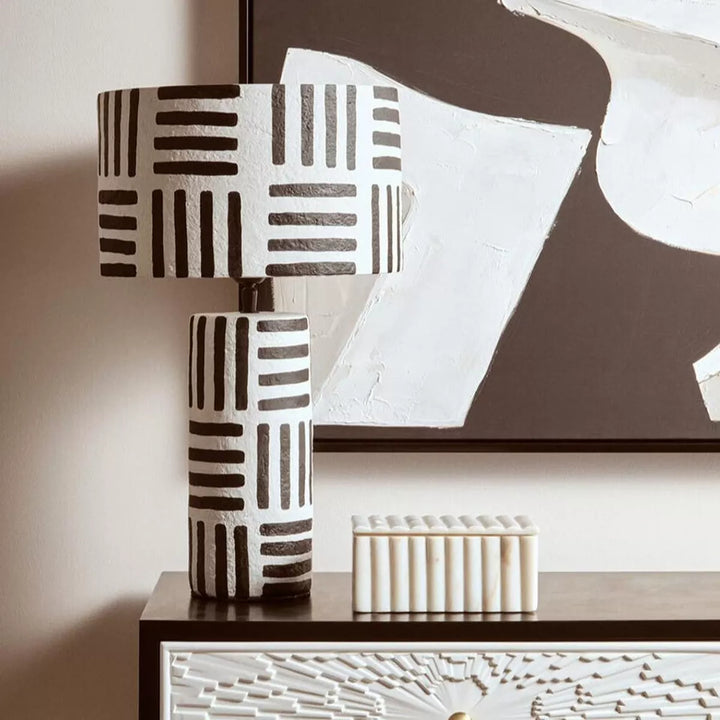 Carta Black & White Geometric Lines Papier Mache Table Lamp