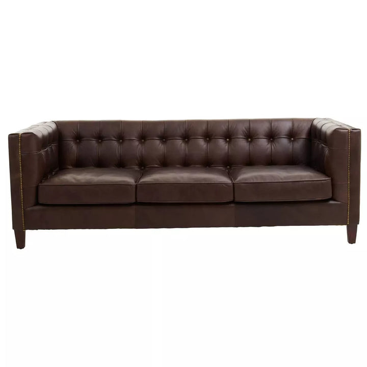 King Three Seater Tufted Back Leather Sofa - Dark Brown