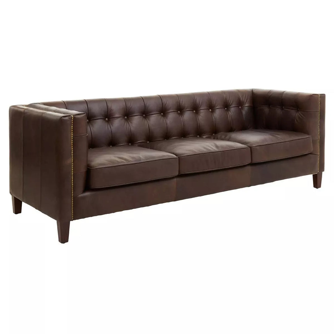King Three Seater Tufted Back Leather Sofa - Dark Brown