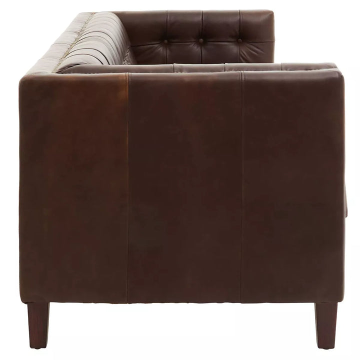 King Three Seater Tufted Back Leather Sofa - Dark Brown