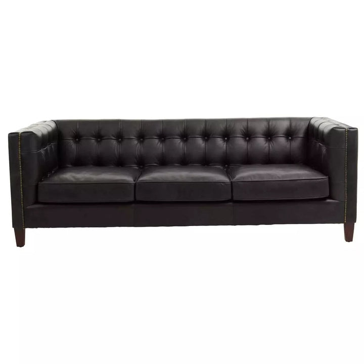 King Three Seater Tufted Back Leather Sofa - Antique Ebony