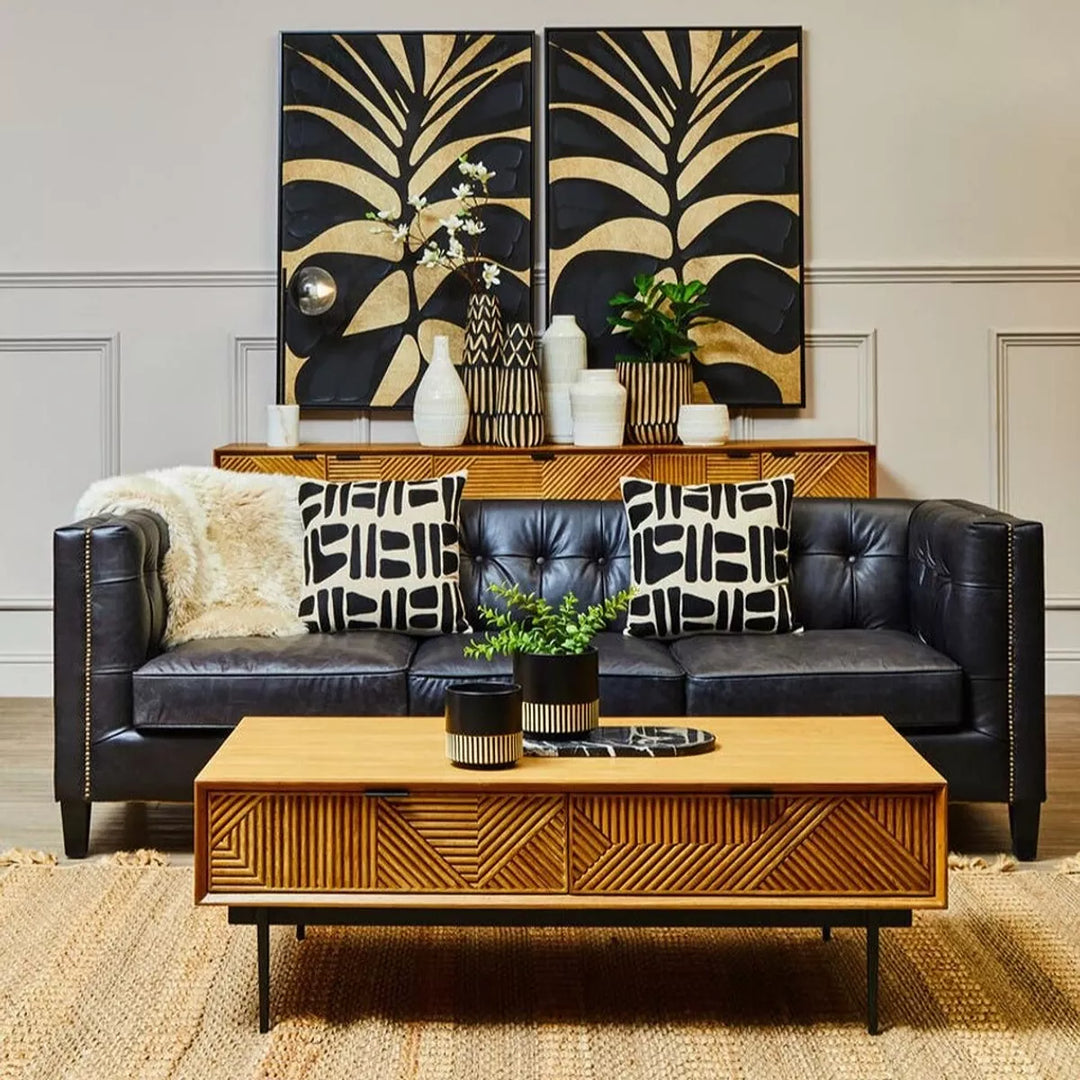 King Three Seater Tufted Back Leather Sofa - Antique Ebony