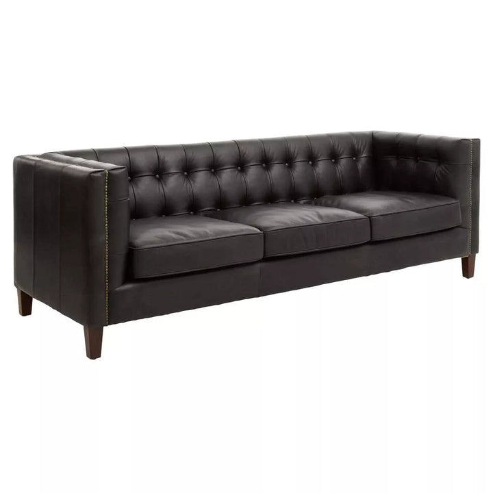 King Three Seater Tufted Back Leather Sofa - Antique Ebony