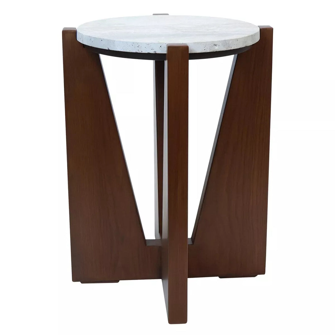 Walton Travertine Top Acacia Wood Side Table - Brown