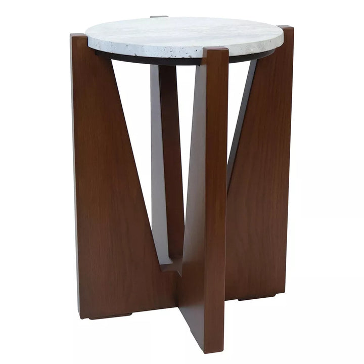 Walton Travertine Top Acacia Wood Side Table - Brown