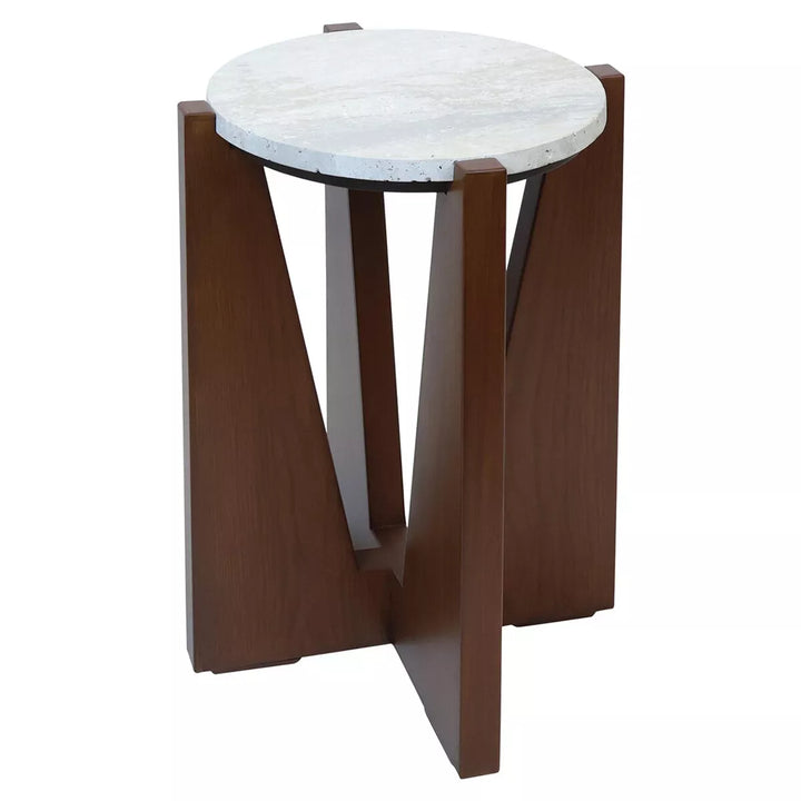 Walton Travertine Top Acacia Wood Side Table - Brown
