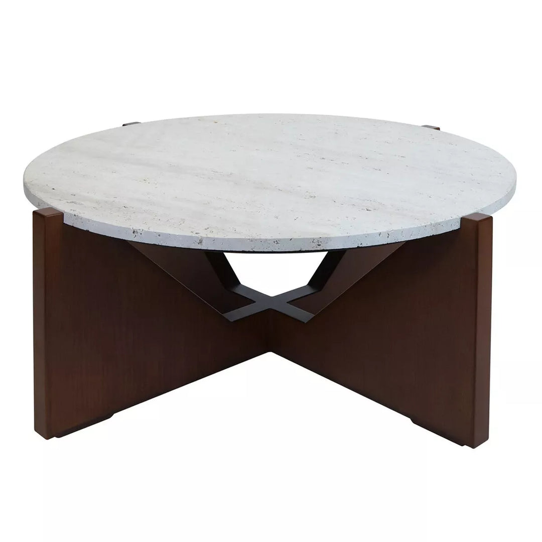 Walton Travertine Top Acacia Wood Cut Out Coffee Table - Brown