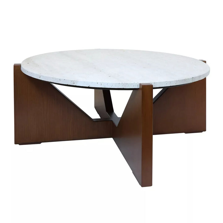 Walton Travertine Top Acacia Wood Cut Out Coffee Table - Brown