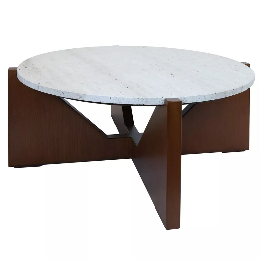 Walton Travertine Top Acacia Wood Cut Out Coffee Table - Brown