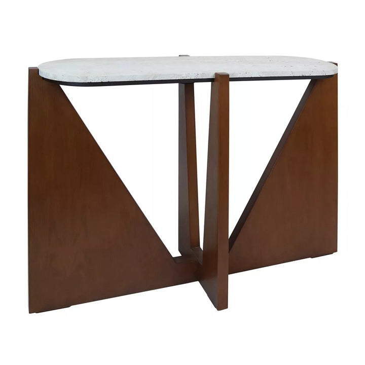 Walton Travertine Top Acacia Wood Cut Out Console Table - Brown