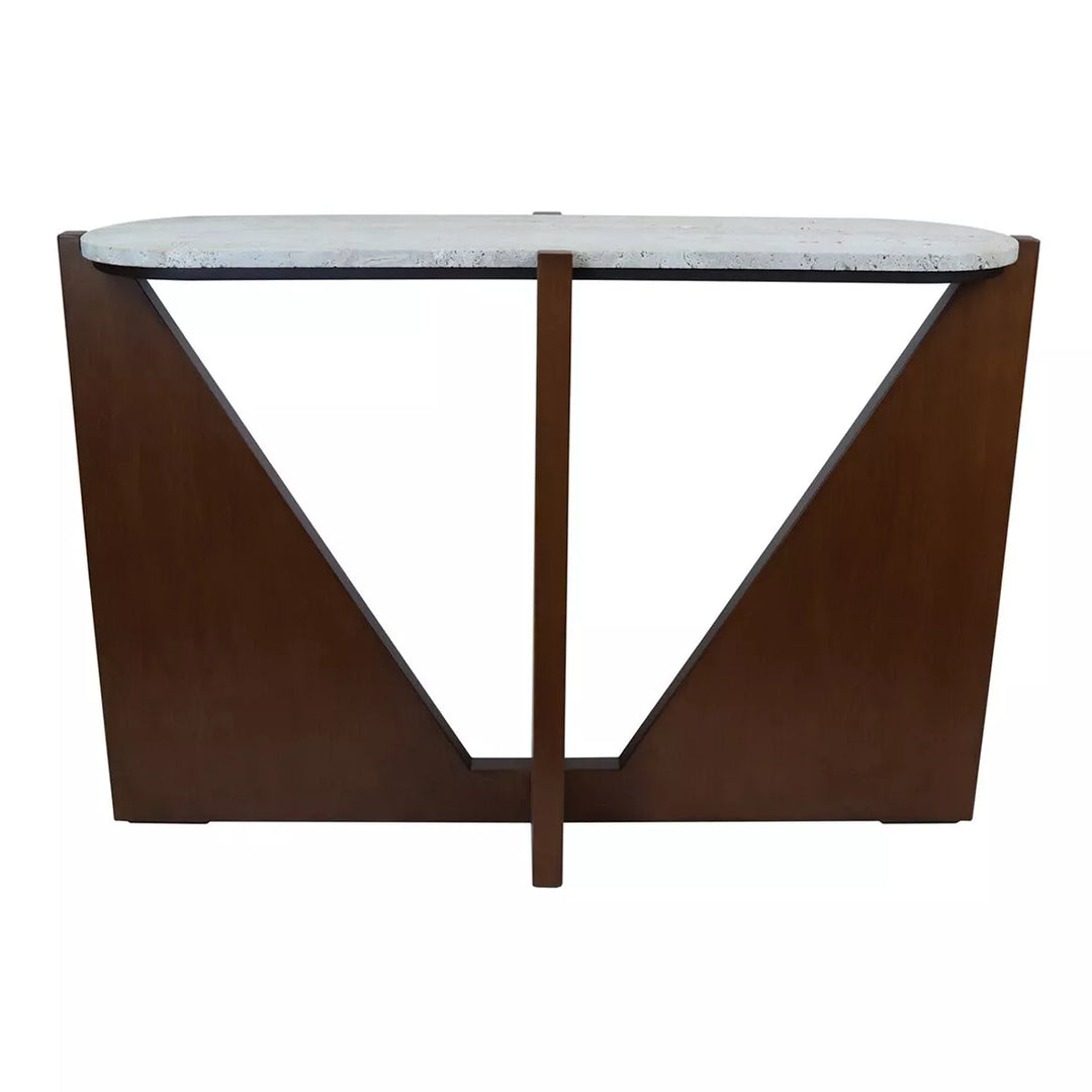 Walton Travertine Top Acacia Wood Cut Out Console Table - Brown