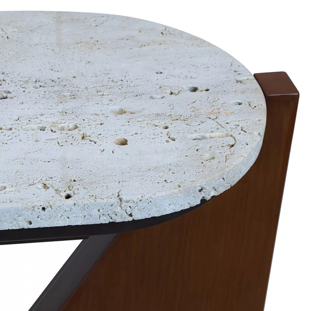 Walton Travertine Top Acacia Wood Cut Out Console Table - Brown