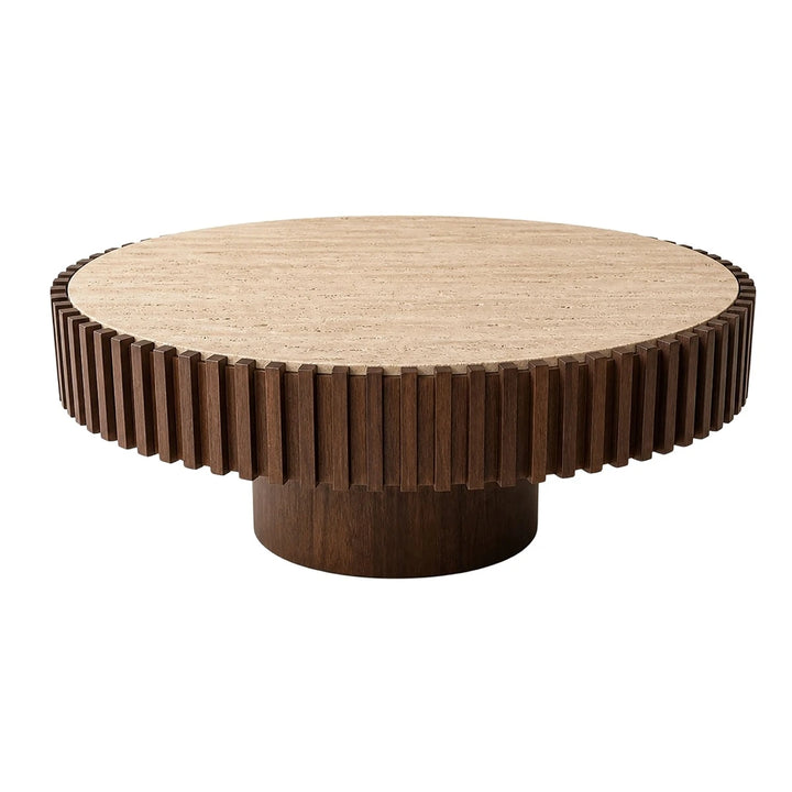 Baila Round Travertine & Mango Wood Coffee Table