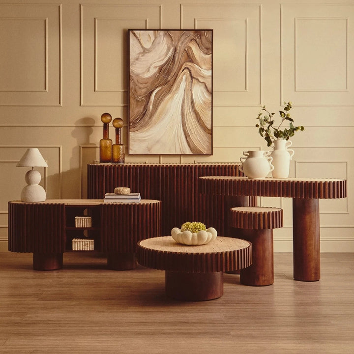 Baila Round Travertine & Mango Wood Coffee Table