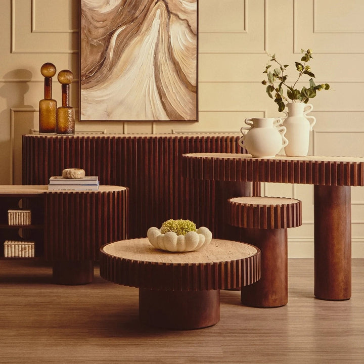 Baila Round Travertine & Mango Wood Coffee Table