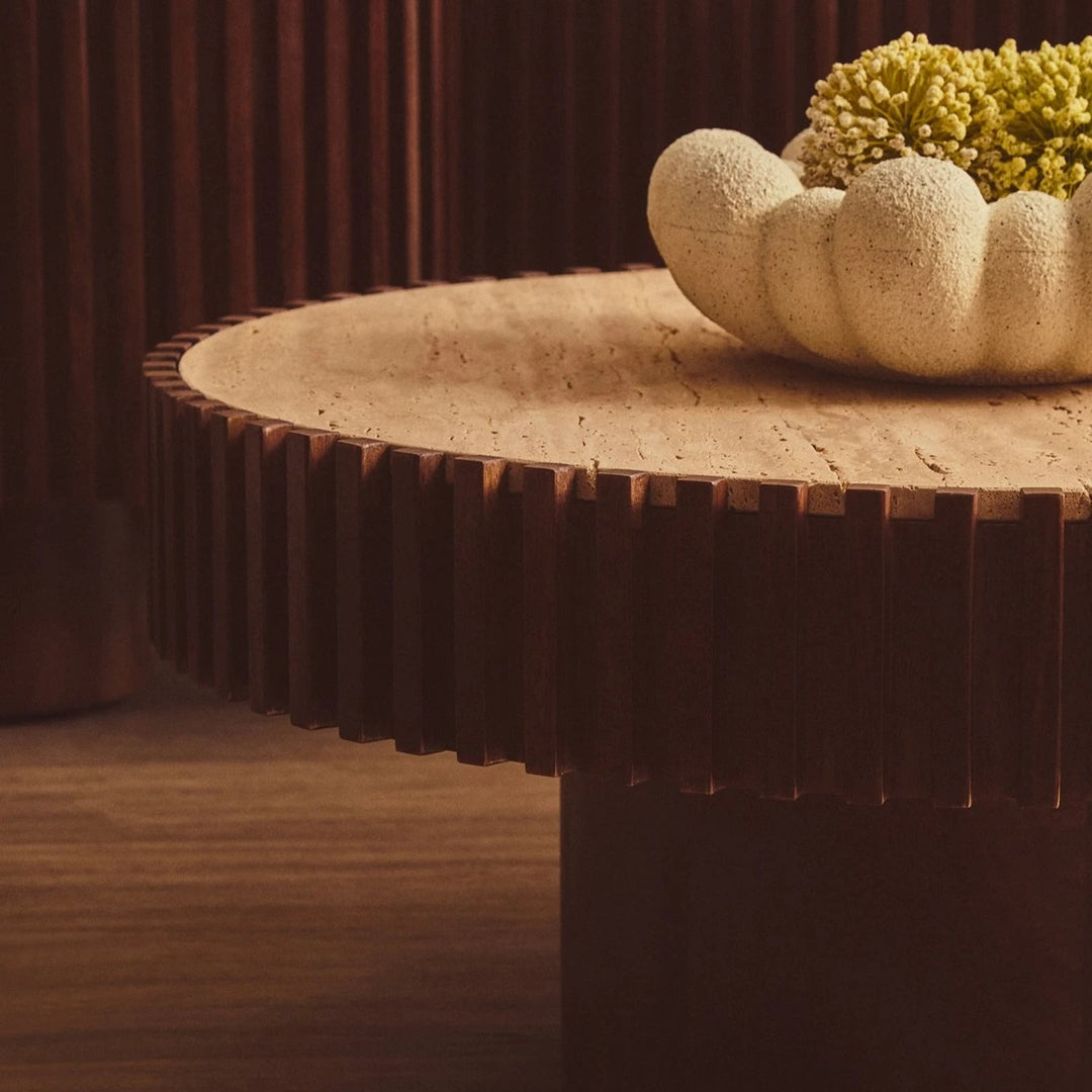 Baila Round Travertine & Mango Wood Coffee Table