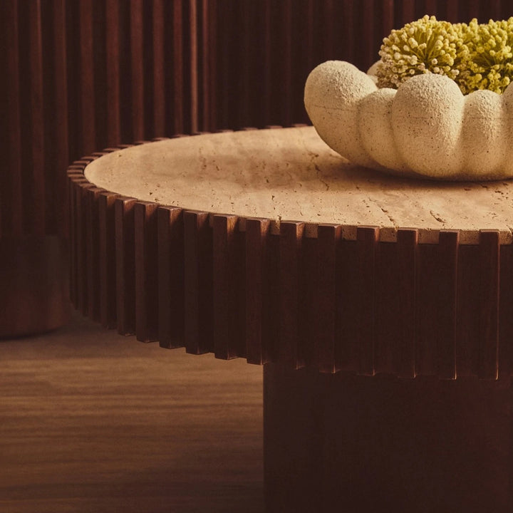 Baila Round Travertine & Mango Wood Coffee Table