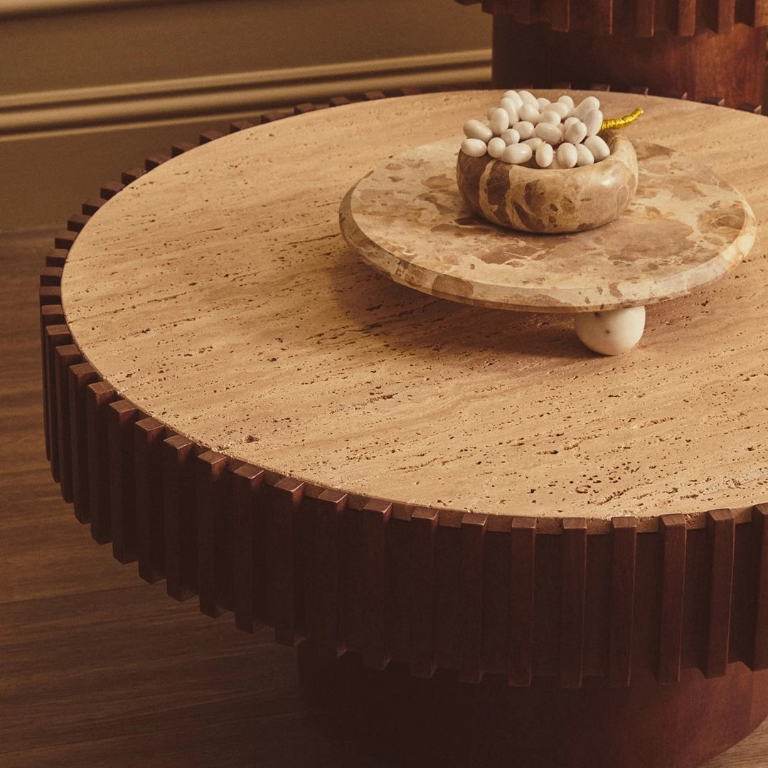 Baila Round Travertine & Mango Wood Coffee Table